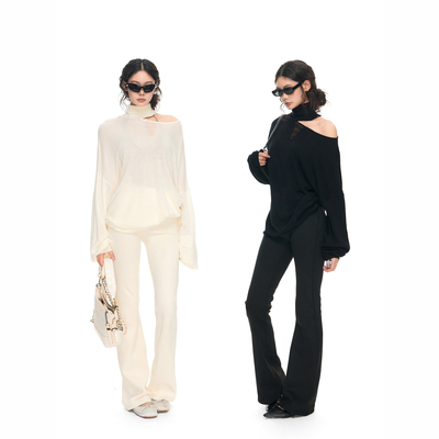 PEMPL 原创设计感高领露肩不规则薄款针织上衣女性感微透宽松罩衫