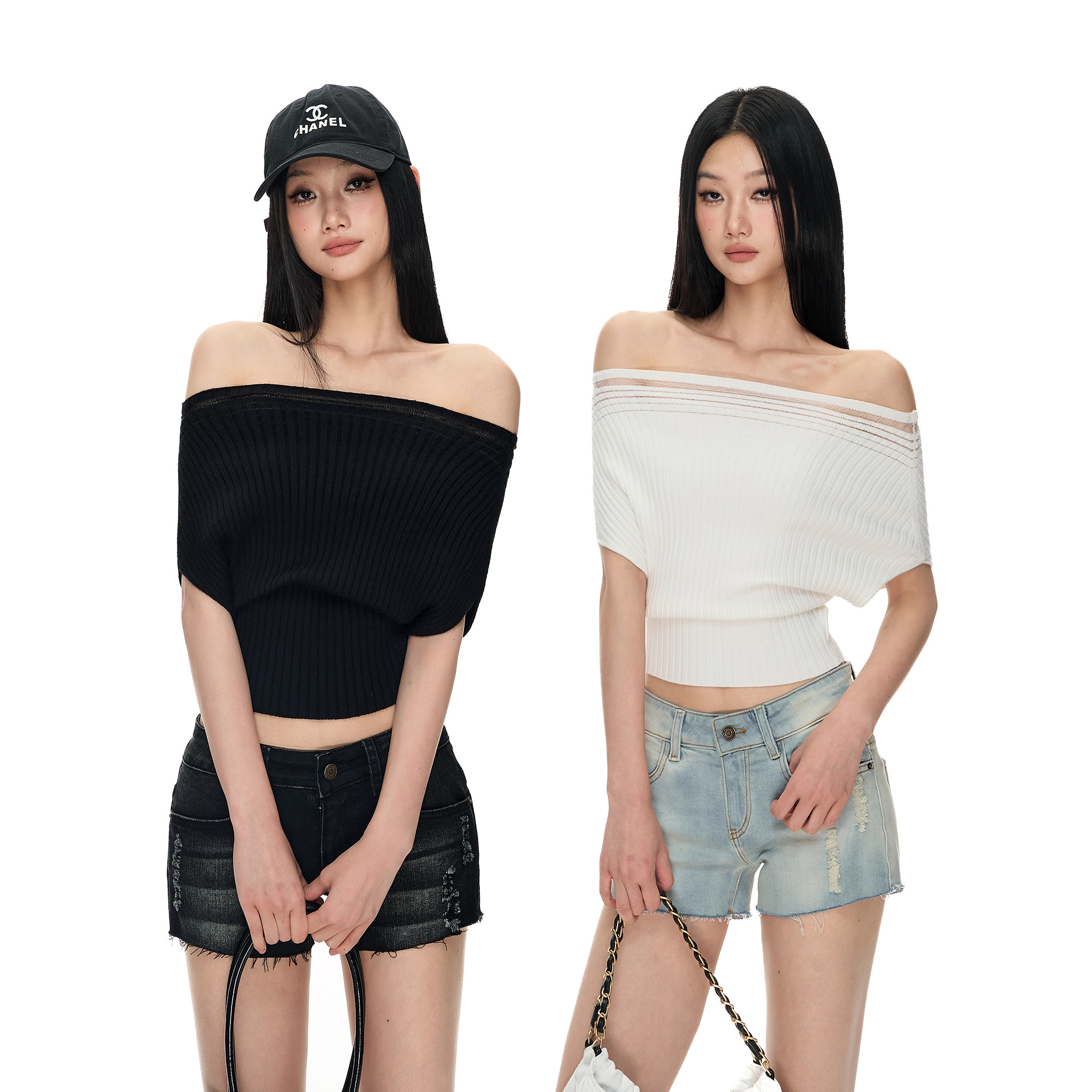 PEMPL欧根纱针织拼接蝙蝠袖纯欲辣妹短袖女一字肩多穿粗坑条上衣图片