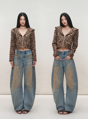 PEMPL水洗做旧大口袋设计低腰长裤复古蓝泥染个性宽松弯刀牛仔裤