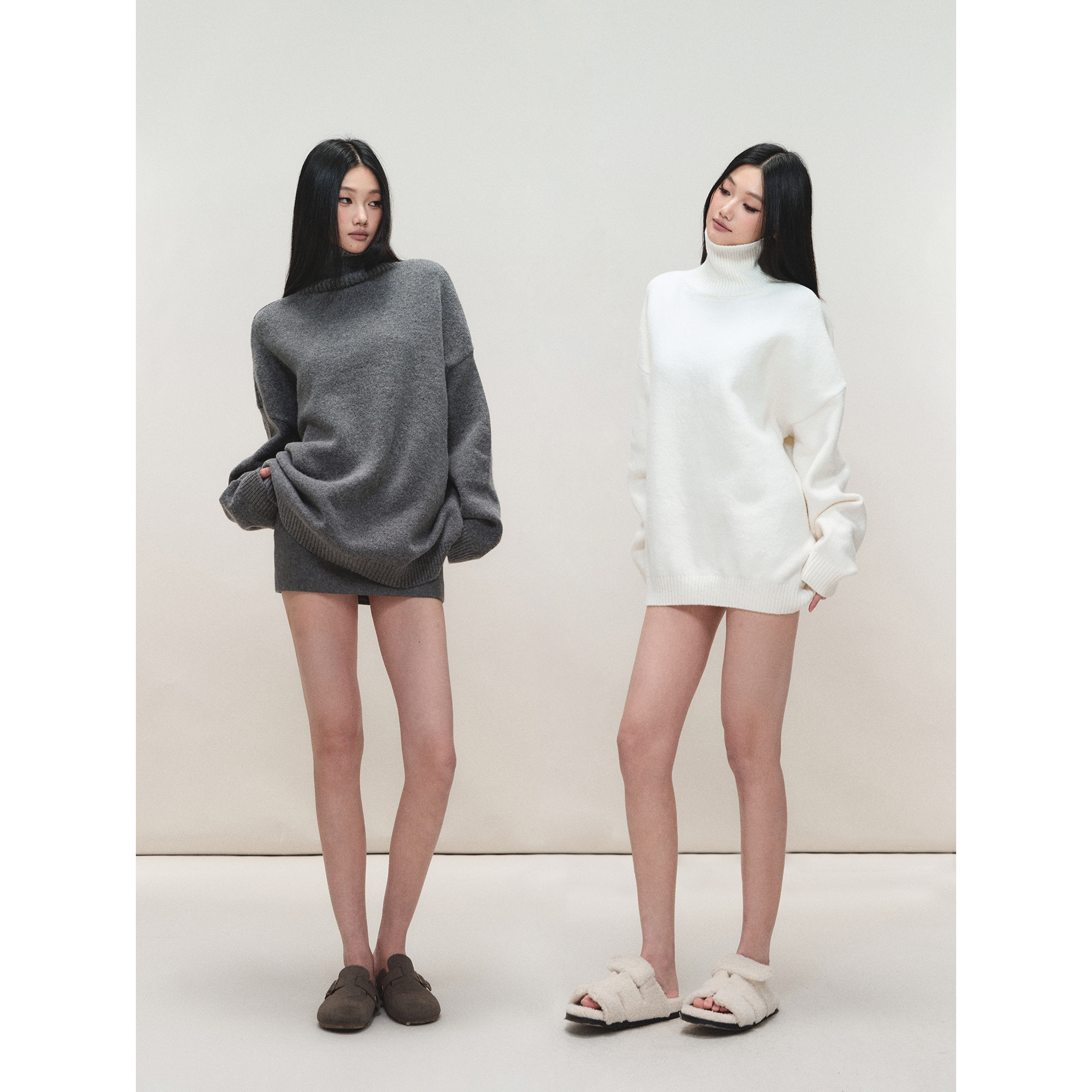 PEMPL·保暖针织纯色宽松高领毛衣廓形落肩弹力遮臀上衣