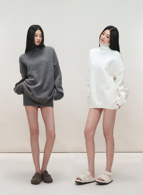 PEMPL·保暖针织纯色宽松高领毛衣廓形落肩弹力遮臀上衣