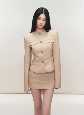 PEMPL 圆领收腰垫肩PU皮衣小香风外套女低腰包臀皮裙微弹半裙套装