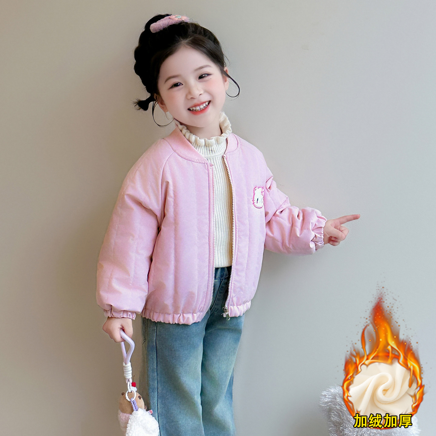 女童加绒外套秋冬装2026新款儿童加厚棒球服二棉夹克宝宝夹棉衣服