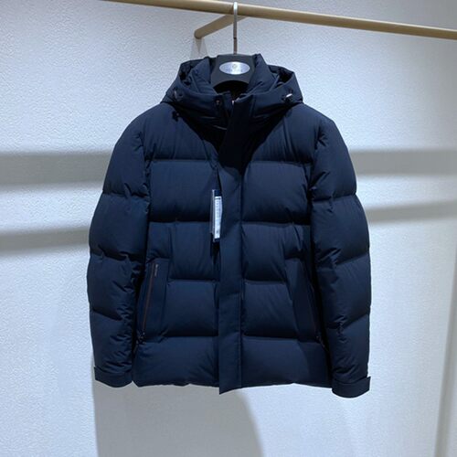 方仕深蓝连帽拉链鹅绒厚款羽绒服