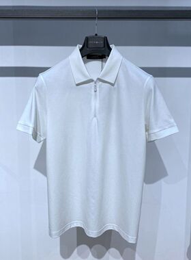 夏装薄款 白色 翻领拉链 亲肤凉感弹力透气 百搭通勤 男士短袖T恤