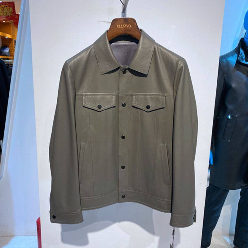 正品 2024春装 新品 翻领单排扣 驼色 羊皮 百搭休闲 男士皮衣