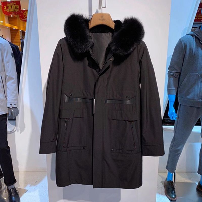 连帽拉链兔毛可脱卸内胆中长皮草