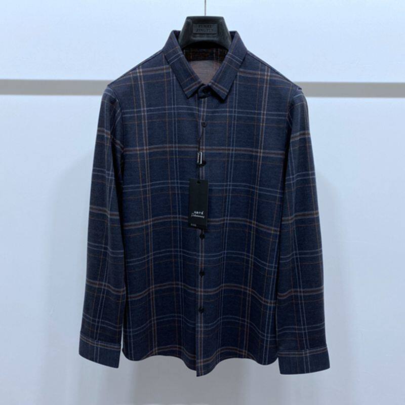 秋冬装 灰色格纹 弹力轻柔 亲肤丝滑 修身 男士长袖针织衬衫 1980