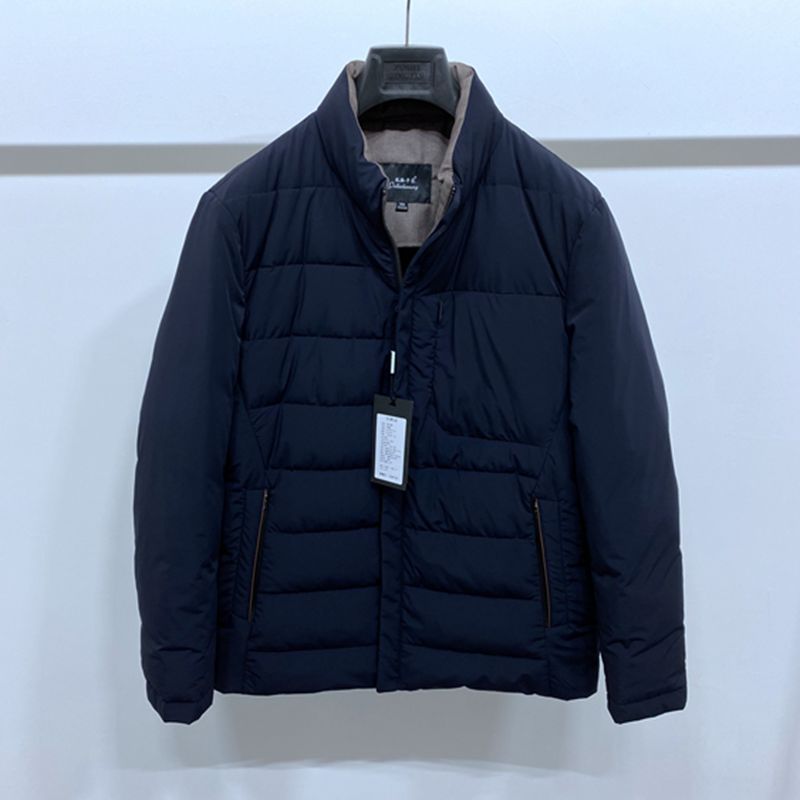 拉链暗门襟立领深蓝男士羽绒服