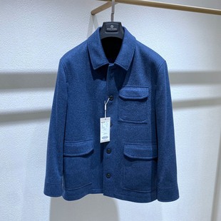牛角扣 蓝灰色翻领 山羊绒 轻奢保暖 毛呢大衣 方仕 百搭男士 冬装