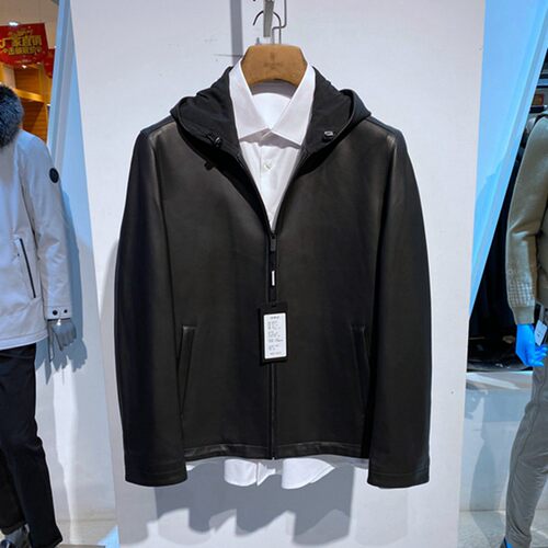 羊皮真皮黑色亚光连帽男士单皮衣