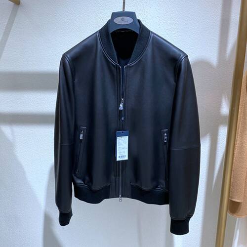 方仕针织螺纹棒球领羊皮皮衣