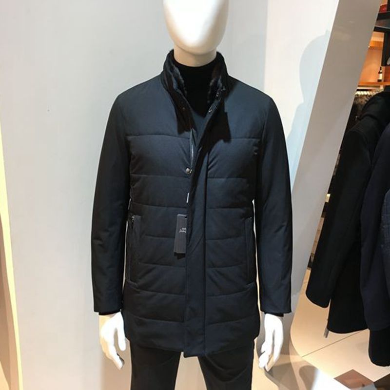 黑色立领兔毛男士羽绒服