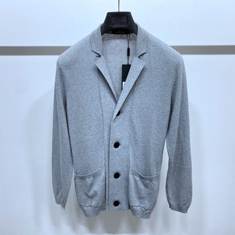 春秋装 浅灰色 单排扣 棉 亚麻 弹力透气 修身 男士长袖针织开衫