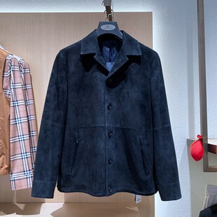 男士 25春装 百搭通勤 反绒羊皮真皮 单皮衣外套 藏蓝翻领单排扣