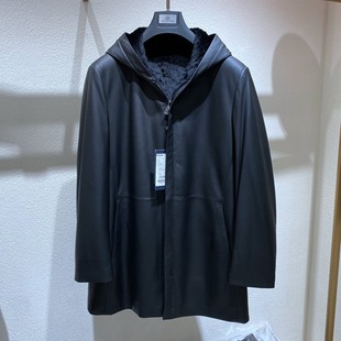 羊皮真皮 连帽拉链 兔毛内胆 百搭通勤 皮草 24冬装 男士 黑色亚光