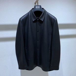 白鹅绒可脱卸内胆男士 方仕 羊皮真皮 黑色翻领单排扣 皮羽绒 秋冬