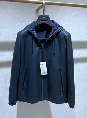 方仕 秋冬 蓝色连帽拉链 鹿皮真皮 轻奢百搭通勤 休闲 男士单皮衣