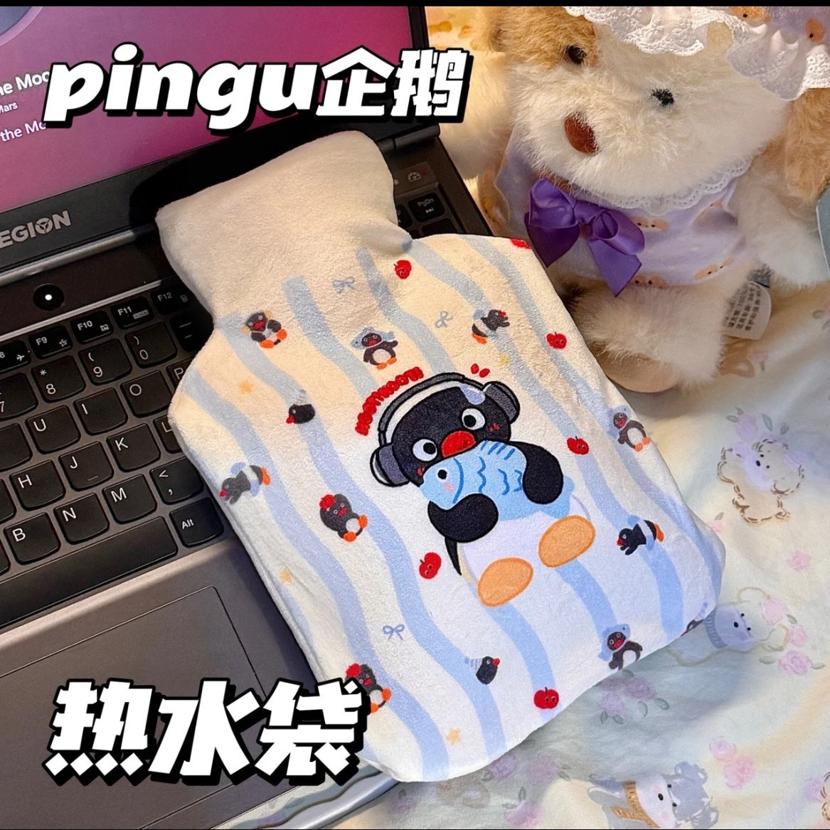 新款企鹅抱鱼卡通大号毛绒热水袋