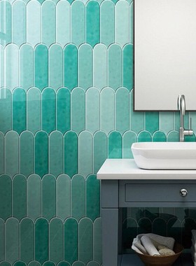 餐饮吧台孔雀羽毛砖90x306厨卫扇形背景墙砖蓝色绿色墨绿色瓷砖