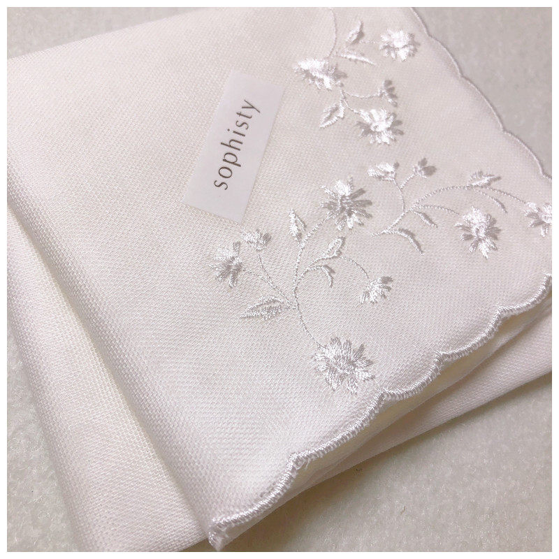 46cm包邮日本进口sophisty纯棉白色刺绣手帕柔软纯白绣花素色手绢