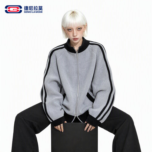 捷尼拉莫复古运动风针织开衫毛衣