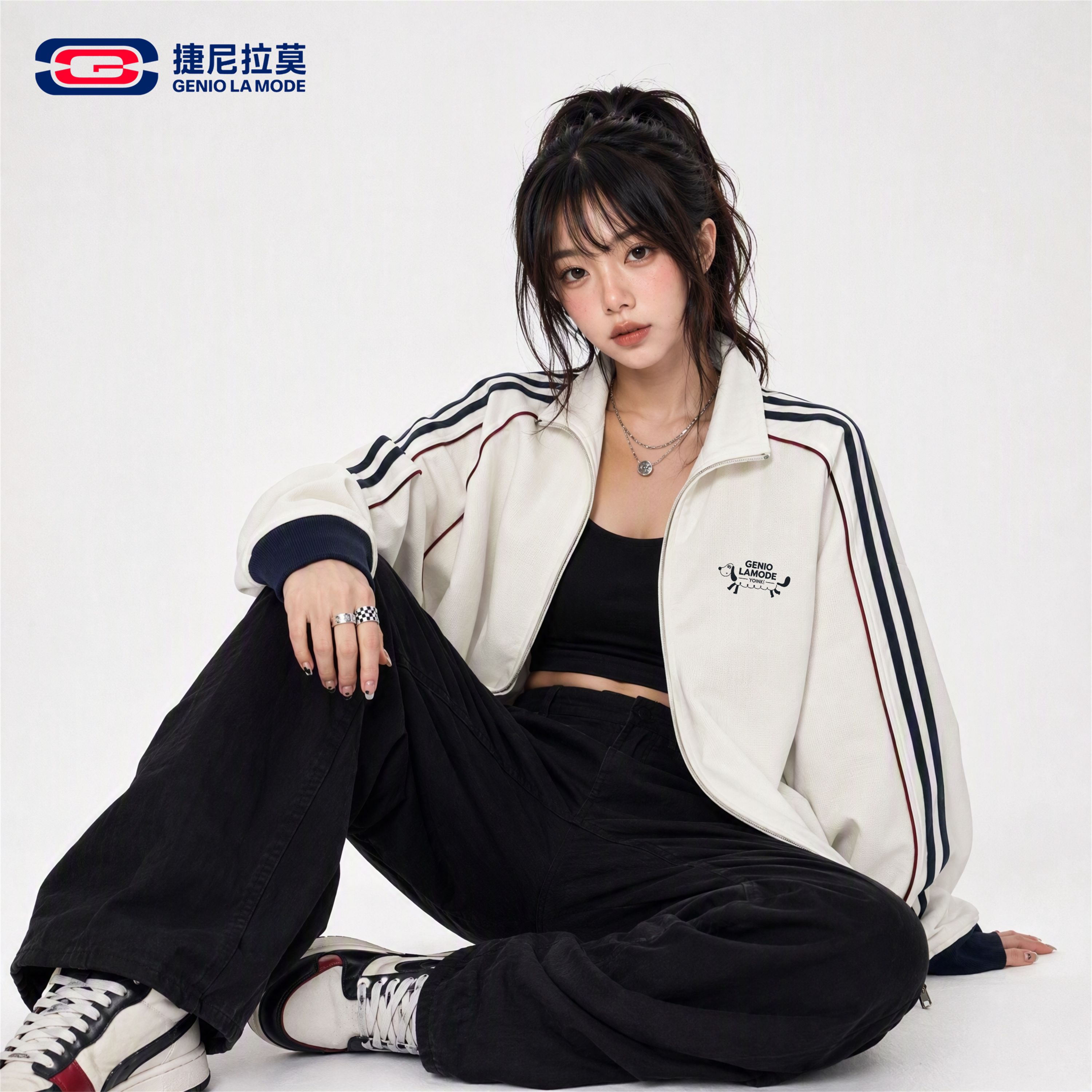 捷尼拉莫美式学院风少年感小狗印花撞色条纹卫衣外套男女同款外套