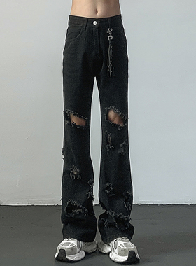 Street美式复古破洞微喇叭黑色牛仔裤男女高街直筒显瘦宽松工装裤