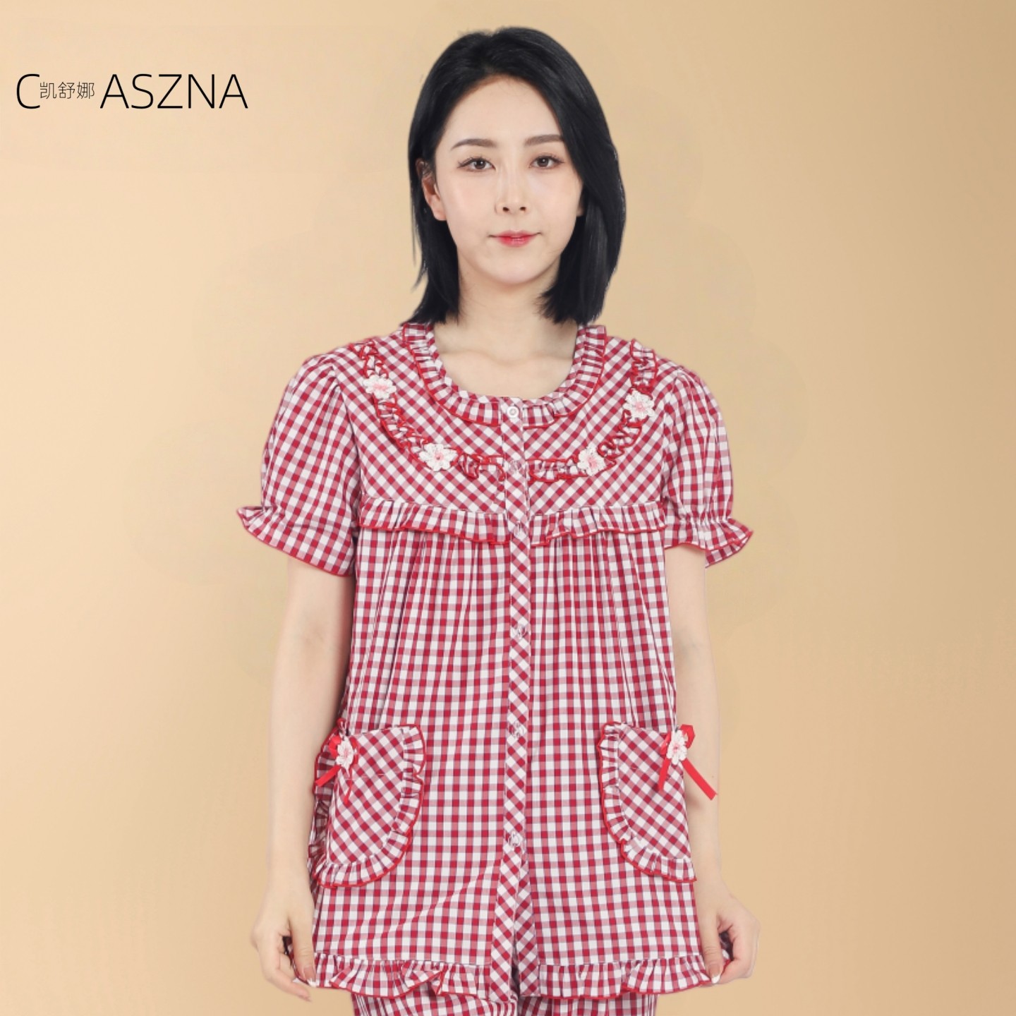 凯舒娜100%纯棉女士套装家居服格子亲肤经典格子舒适亲肤短袖长裤