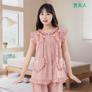 款 贵夫人女士100%纯棉青年经典 套装 舒适背心短裤 格子休闲对襟夏季