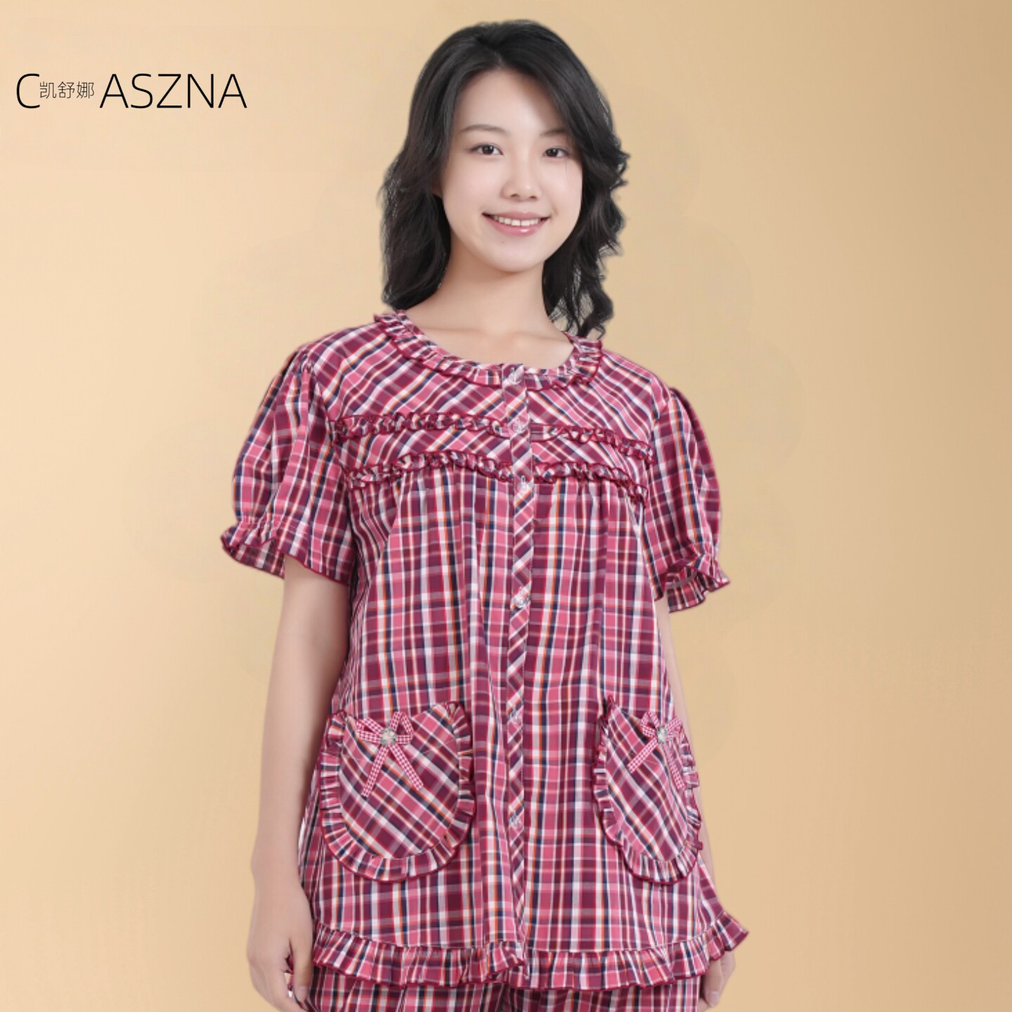 凯舒娜女士睡衣100%纯棉套装短袖长裤格子春夏圆领印花对襟舒适款