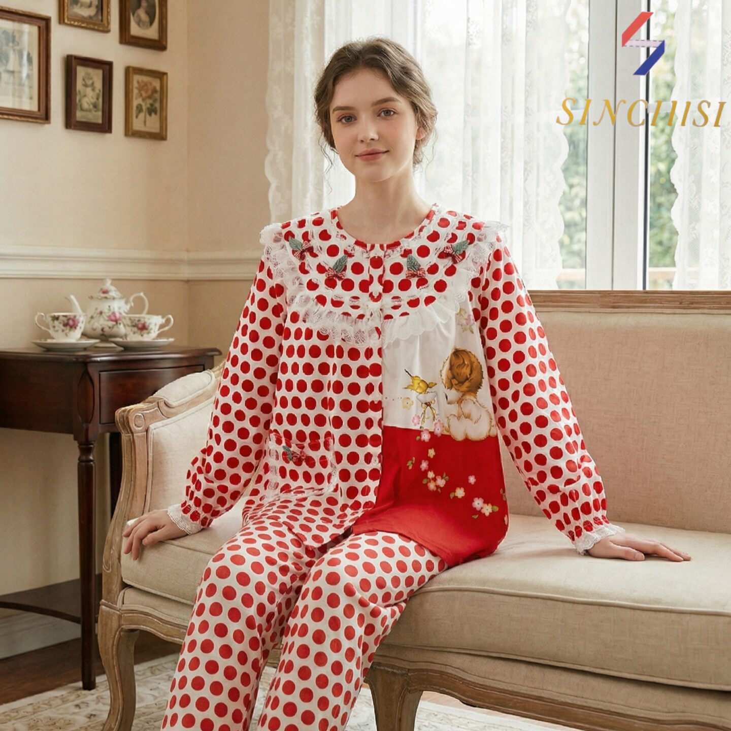 欣琦丝纯棉印花波点圆领红色秋冬甜美时尚女生套装家居服长袖长裤