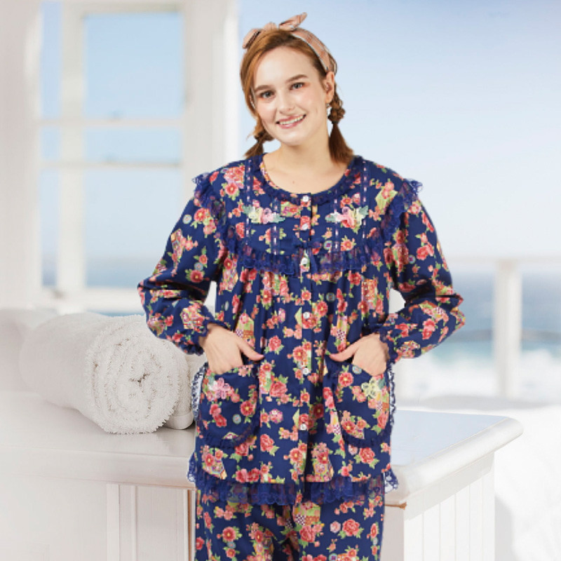 包邮台湾欣琦丝睡衣秋冬女人纯棉套装长袖长裤蕾丝花边碎花家居服