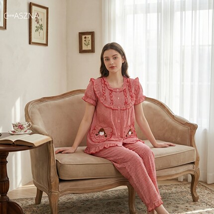 凯舒娜睡衣夏季女人纯棉红色套装家居服格子暗花舒适亲肤短袖长裤