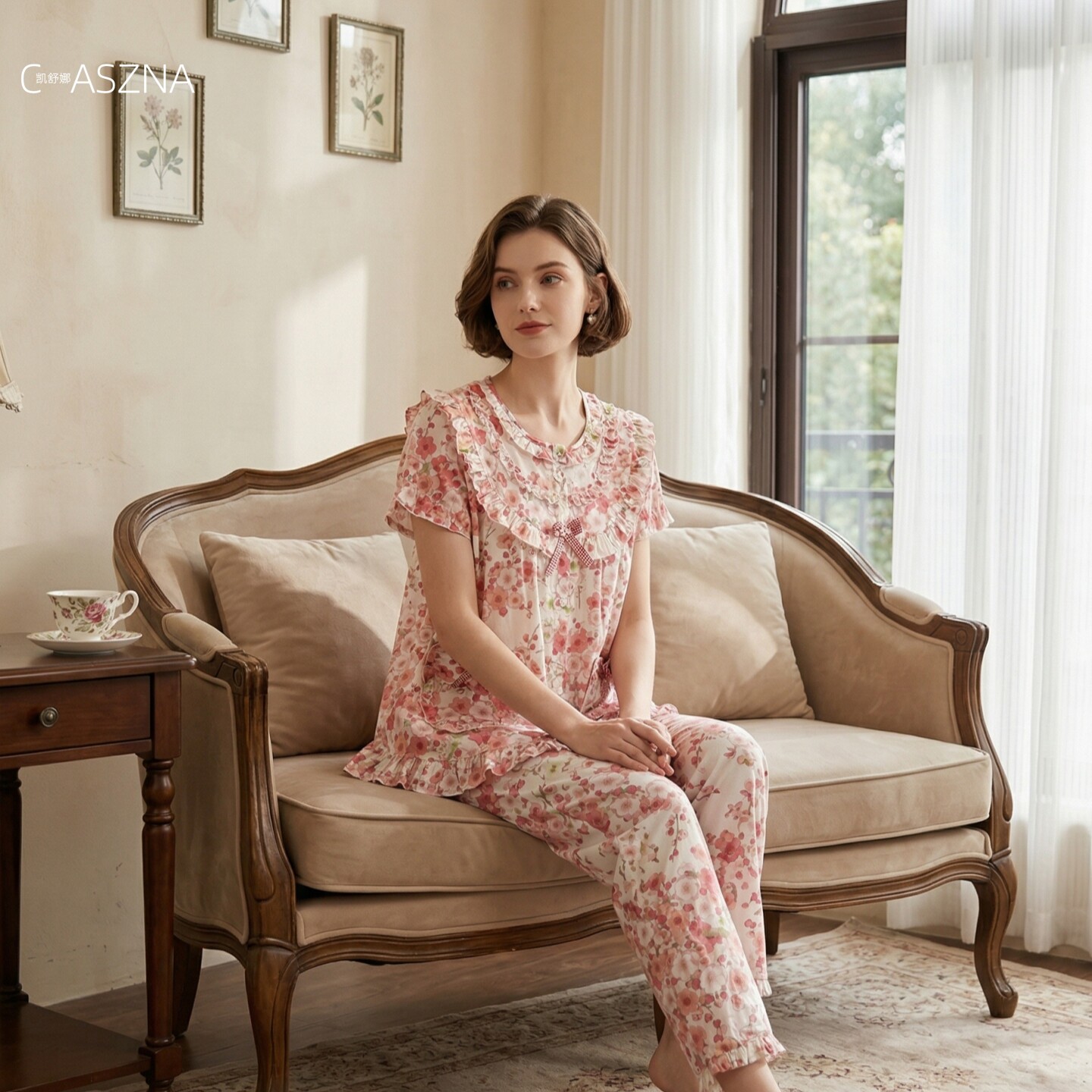 凯舒娜夏季纯棉短袖长裤家居服女宽松透气全棉简约休闲睡衣套装