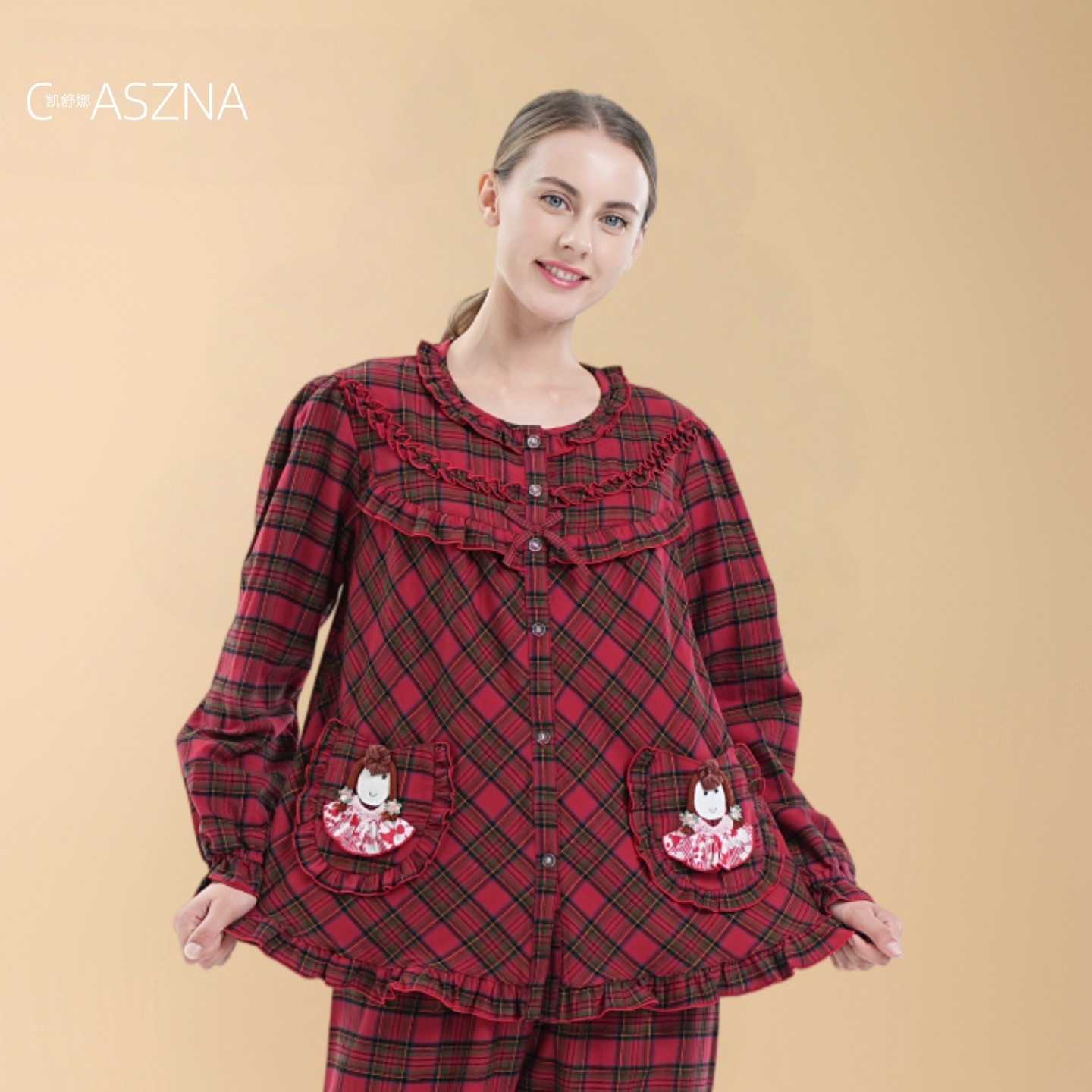 凯舒娜全棉简约对襟印花秋冬睡衣女士红色格子家居服甜美长袖长裤,女士内衣/男士内衣/家居服,睡衣/家居服套装,淘宝优惠券,粉丝福利购,淘宝优惠卷