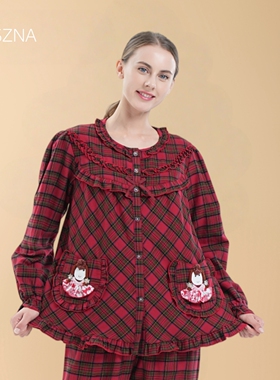 凯舒娜全棉简约对襟印花秋冬睡衣女士红色格子家居服甜美长袖长裤