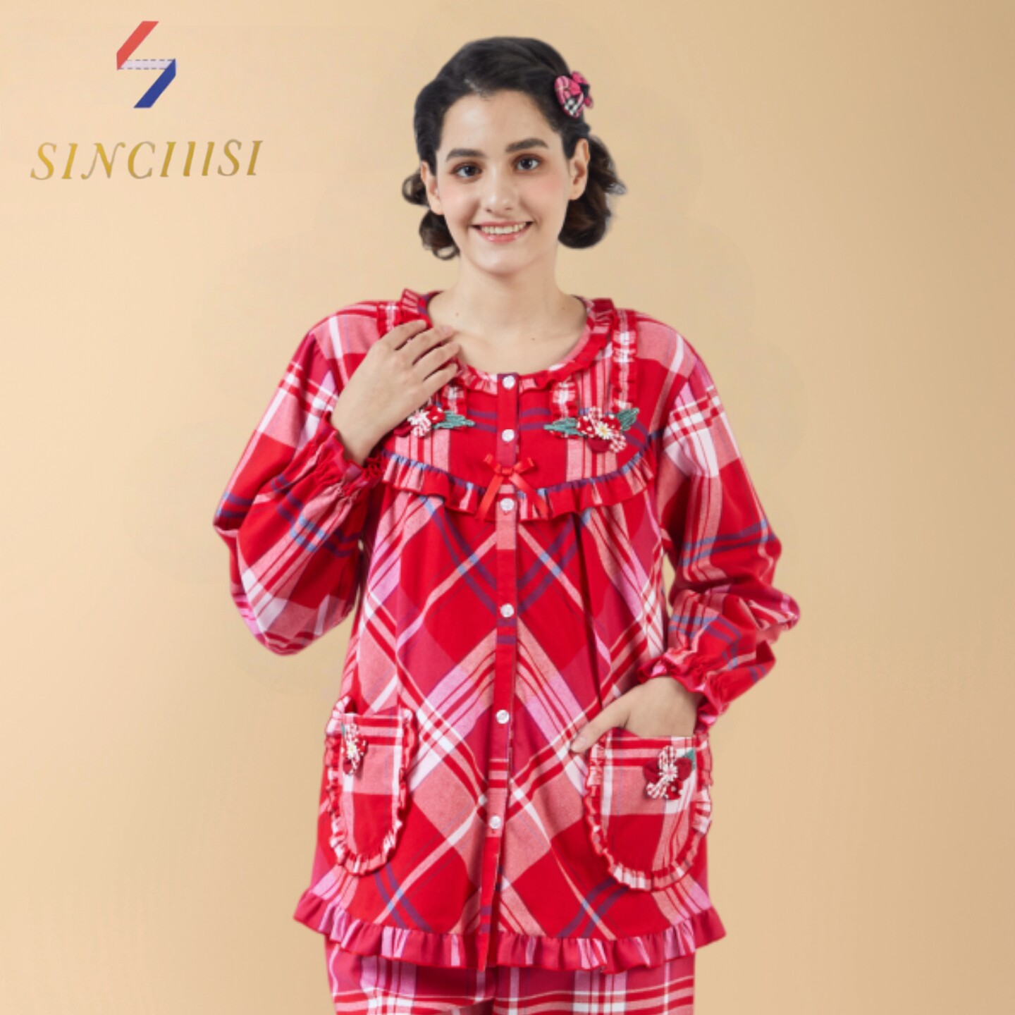 欣琦丝女款100%纯棉青年格子简约圆领磨毛对襟秋季家居服长袖长裤