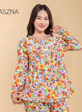 凯舒娜睡衣纯棉新款冬季磨毛女翠花厚款美对襟家居服红色长袖长裤