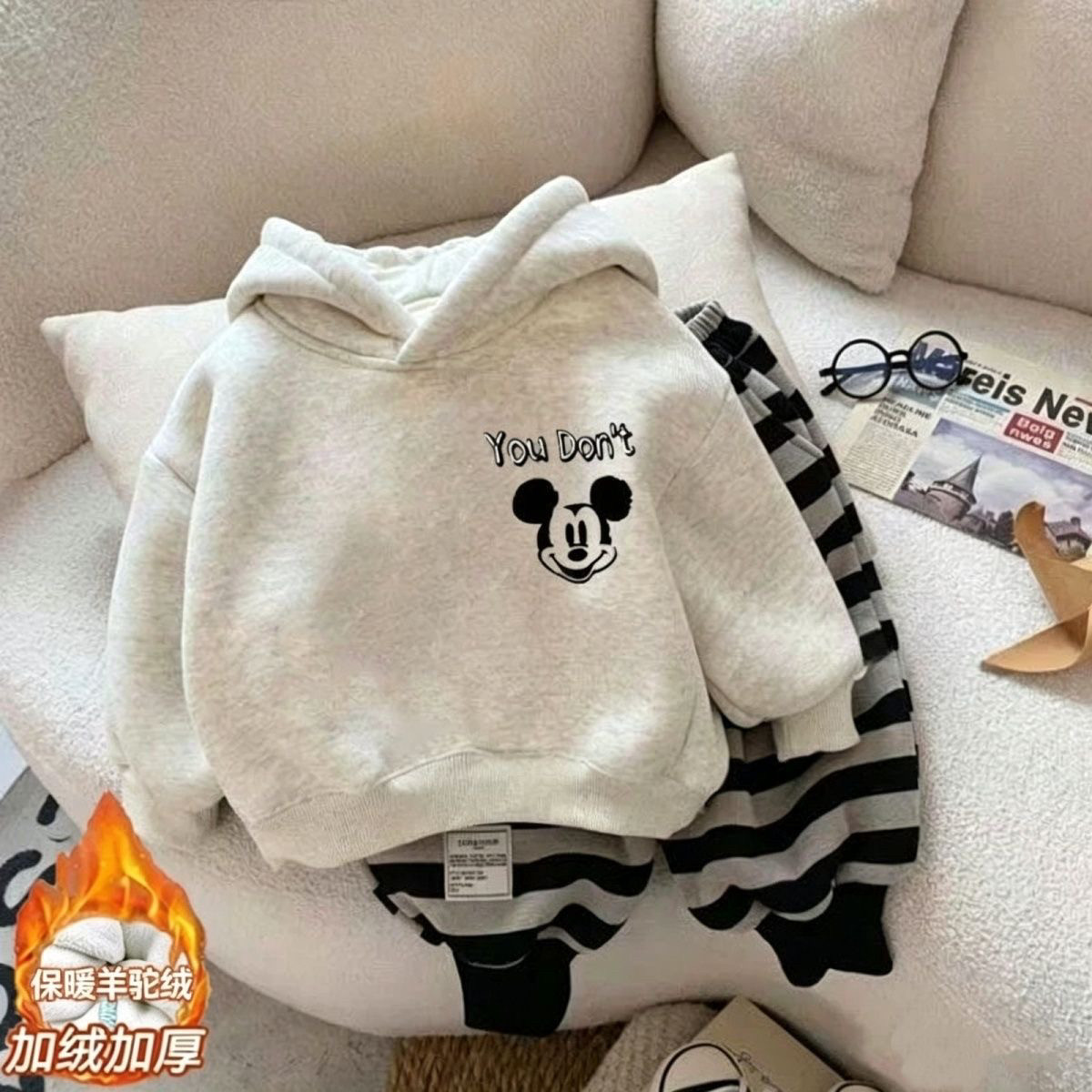 儿童米奇衣服秋冬连帽卫衣新款男女童加绒加厚保暖上衣中小童外套