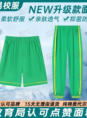 广州番禺区中小学生校服裤子男女纯棉夏装短袖t恤短裤绿色薄长裤