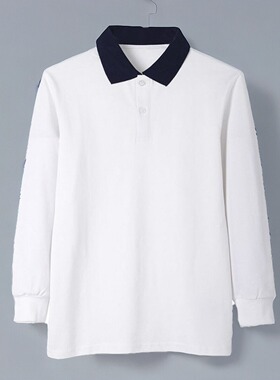 校服polo衫长袖T恤小学初高中学生藏青领白色上衣男女春秋款班服
