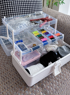 家用针线收纳盒大容量多层带盖整理盒缝纫工具收纳箱透明空盒手提