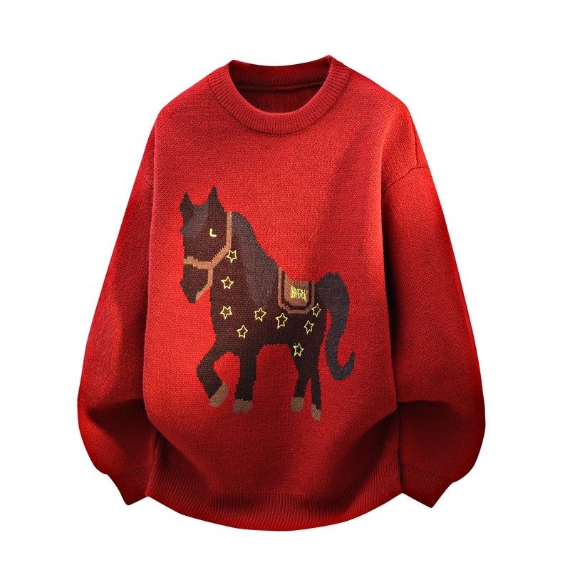 2026本命年马年红色毛衣男冬季圆领高级感加厚针织打底衫保暖线衣