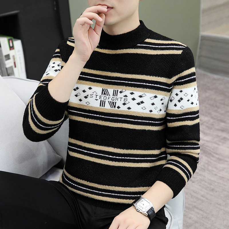 细条纹毛衣男半高领秋冬季加厚款