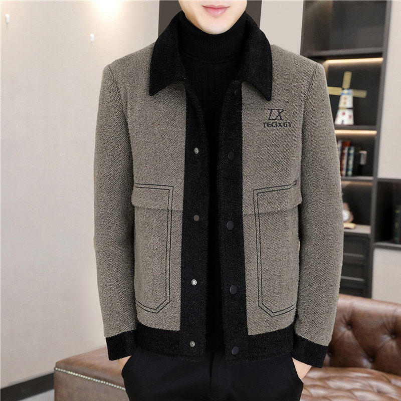 男士翻领呢子外套加绒加厚冬季商务休闲青年男装成熟稳重毛呢夹克