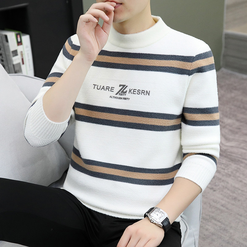条纹毛衣男冬季2025新款水貂绒针织羊绒衫男士潮流修身加厚打底衫