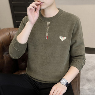 名牌羊毛衫男秋冬季潮牌高端圆领刺绣一体绒毛衣男加绒加厚打底衫