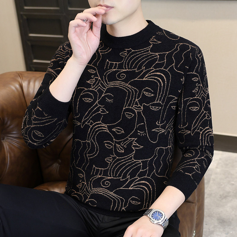 天鹅绒提花毛衣男士潮牌高端冬季