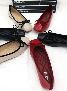 韩版女鞋新款漆皮蝴蝶结方头平底鞋休闲百搭浅口单鞋女飘鞋‍红鞋